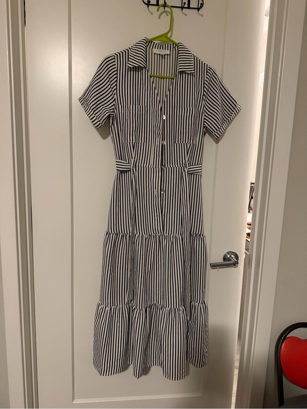 Peach Love California Navy & White Vertical Stripe Tiered Maxi Dress